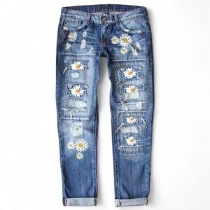 NWT Astylish Plaid Patch Ripped Boyfriend Distressed Stretch Skinny Denim Jeans